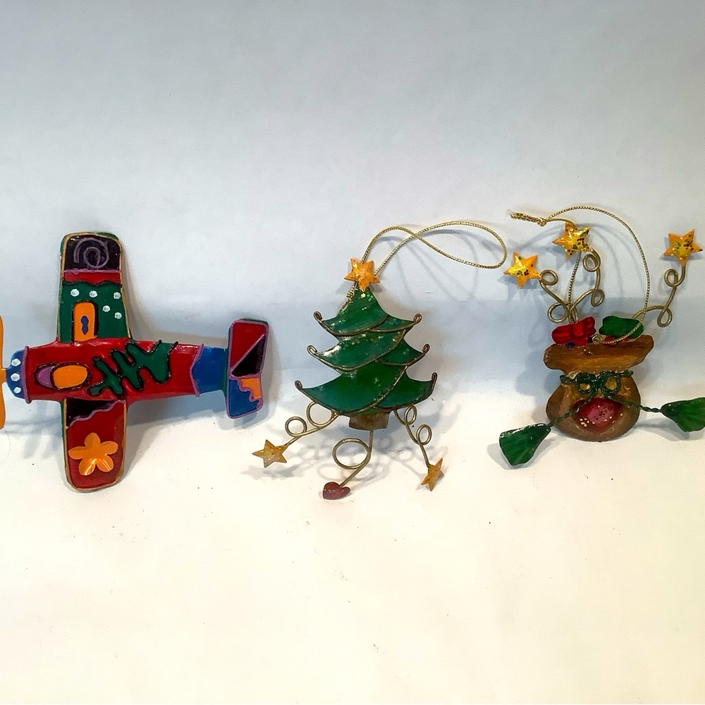 Christmas Ornament Hand Painted Plane Tree Toy Sack Tin Dimensional Metal Tree